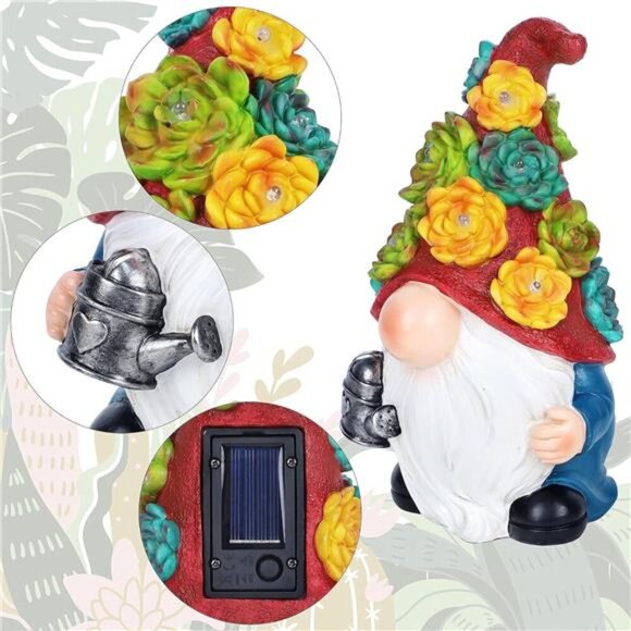 Garden Gnome Statue Outdoor Decor, Resin Gnome Figurine with Watering Can - Picture 2 of 8